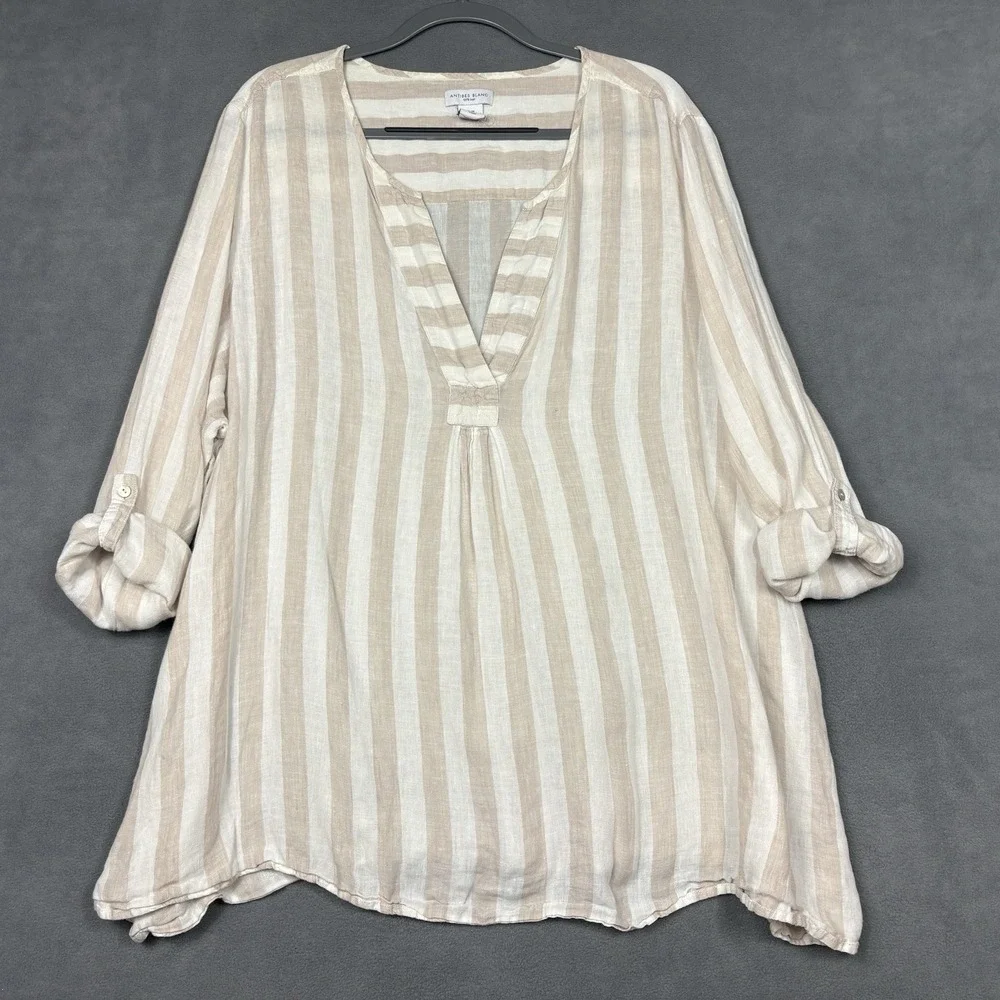 Antibes Blanc 100% Linen Tunic Top Size 3X Beige White Stripe Roll Tab Sleeve
